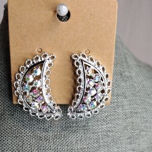 Emmons Vintage Lacey Multicolor Auroa Borealis Crystal Crescent Moon Earrings